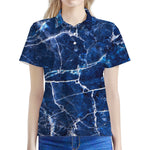 Blue White Marble Print Women's Polo Shirt