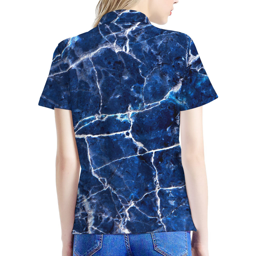 Blue White Marble Print Women's Polo Shirt