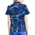 Blue White Marble Print Women's Polo Shirt