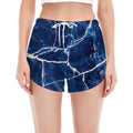 Blue White Marble Print Women's Split Running Shorts