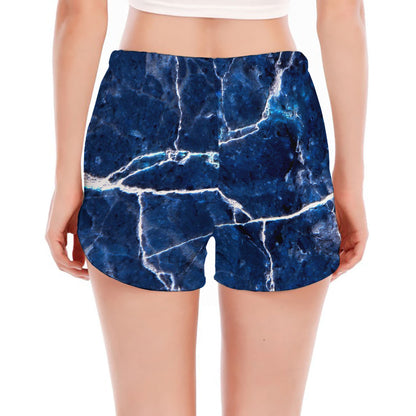 Blue White Marble Print Women's Split Running Shorts
