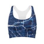 Blue White Marble Print Women's Sports Bra