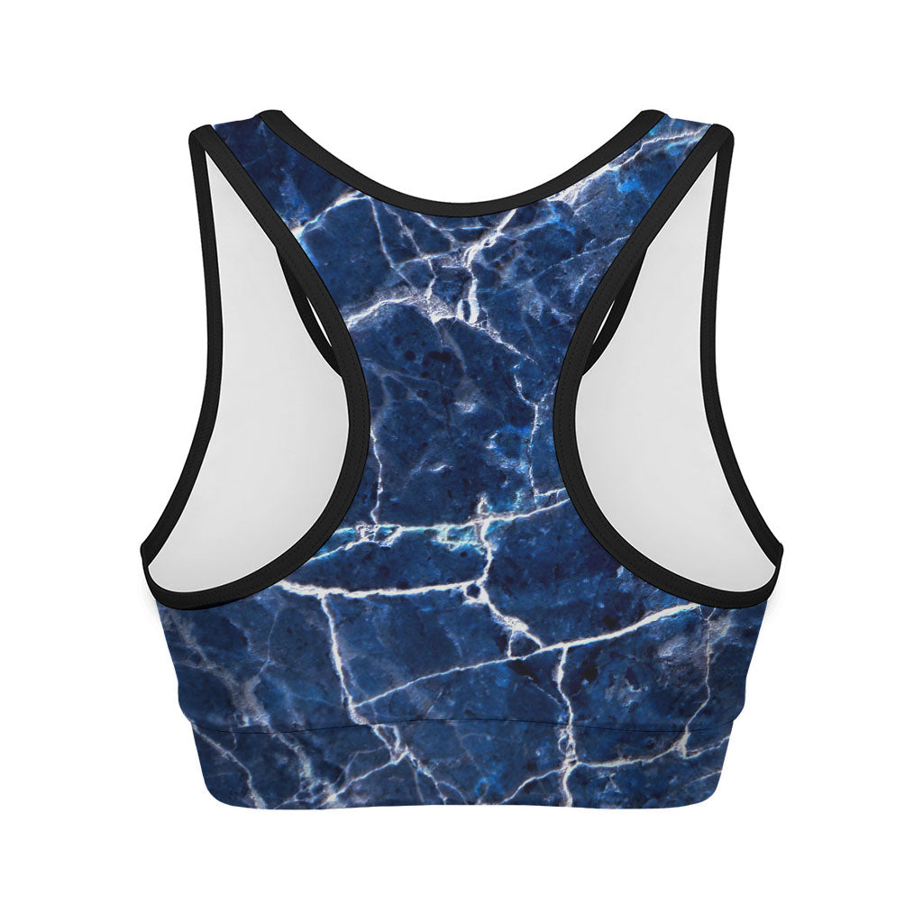 Blue White Marble Print Women's Sports Bra