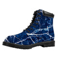 Blue White Marble Print Padded Collar Lace Up Boots
