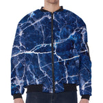 Blue White Marble Print Zip Sleeve Bomber Jacket