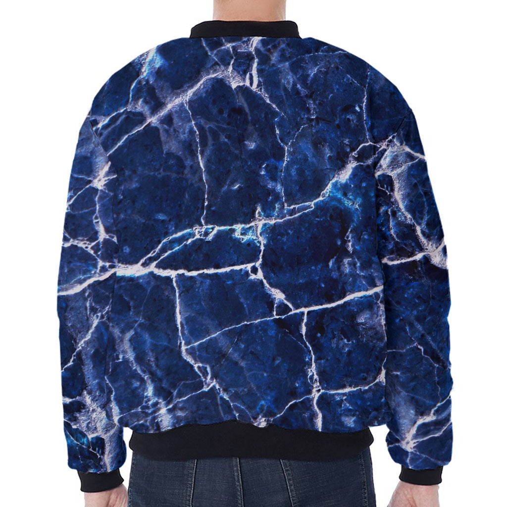 Blue White Marble Print Zip Sleeve Bomber Jacket