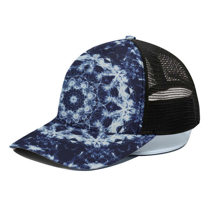 Blue Winter Mandala Print Black Mesh Trucker Cap