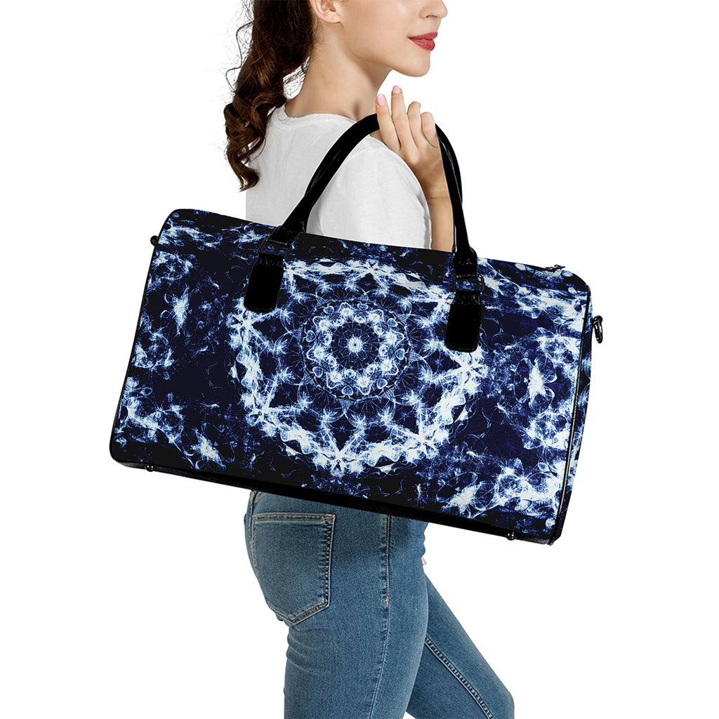 Blue Winter Mandala Print Leather Duffle Bag