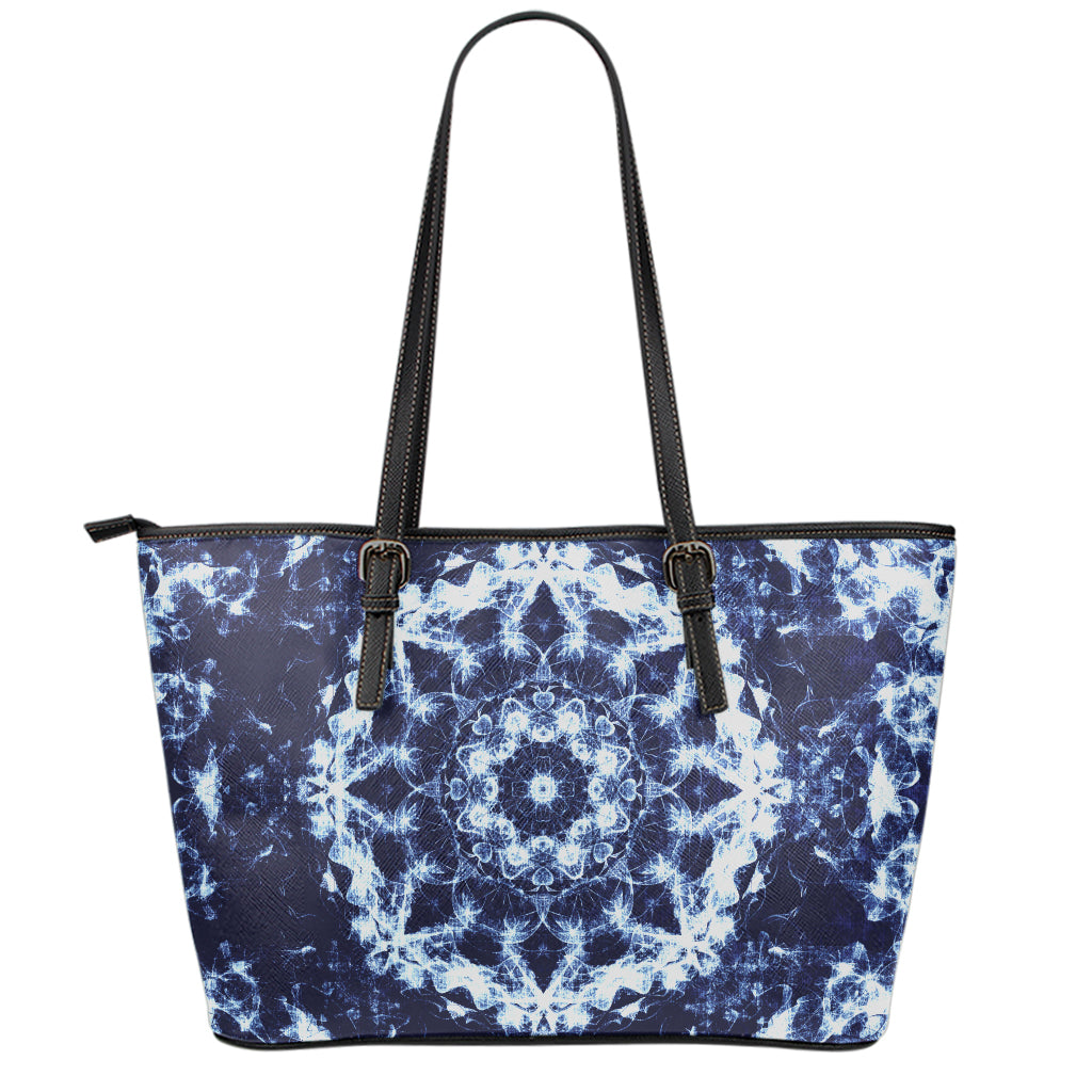 Blue Winter Mandala Print Leather Tote Bag