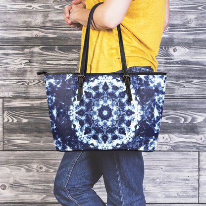 Blue Winter Mandala Print Leather Tote Bag
