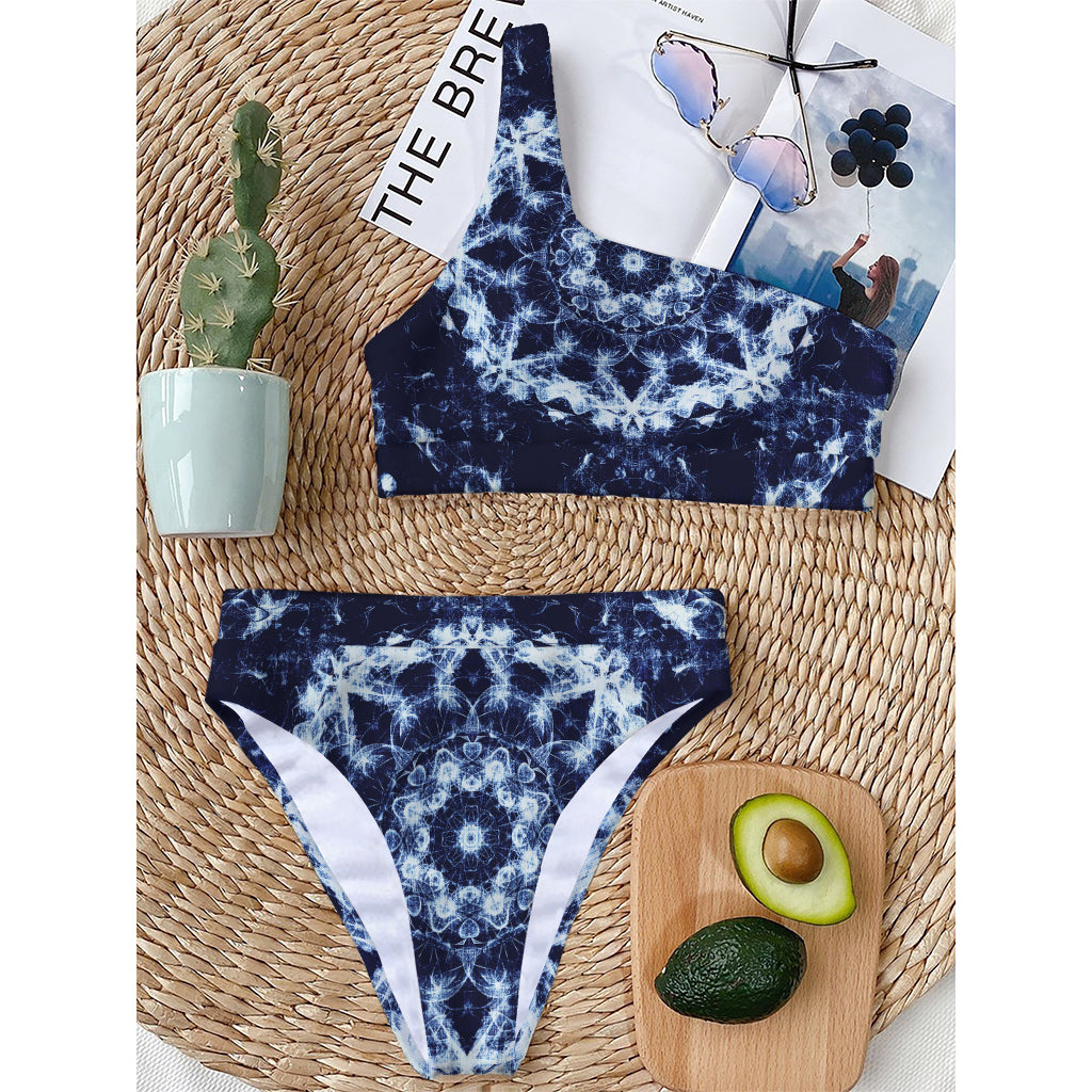 Blue Winter Mandala Print One Shoulder Bikini Top