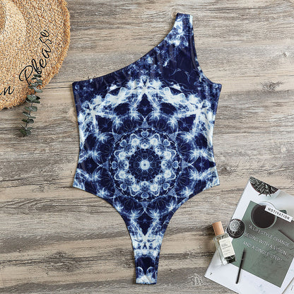 Blue Winter Mandala Print One Shoulder Bodysuit