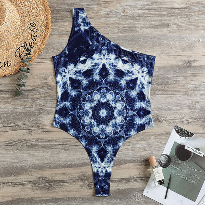 Blue Winter Mandala Print One Shoulder Bodysuit