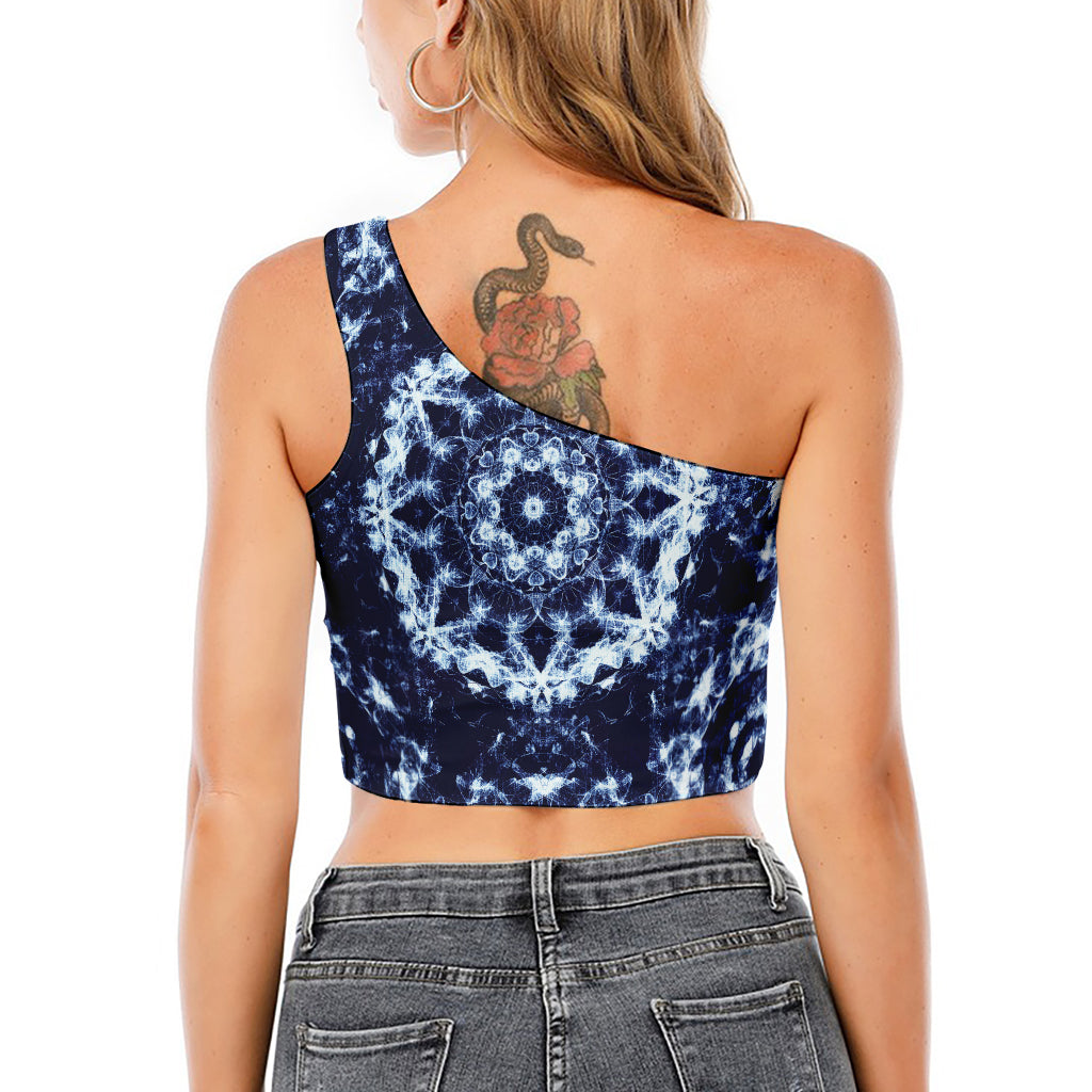 Blue Winter Mandala Print One Shoulder Crop Top