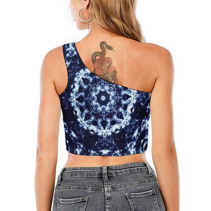 Blue Winter Mandala Print One Shoulder Crop Top