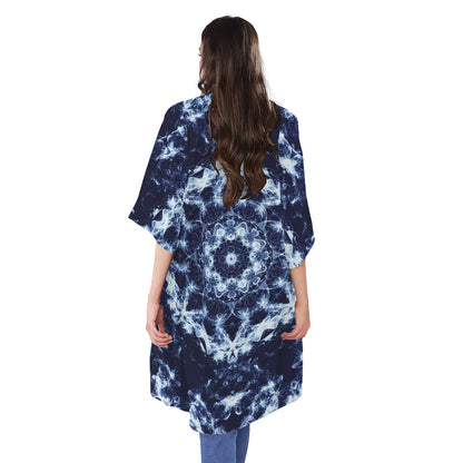 Blue Winter Mandala Print Open Front Beach Cover Up