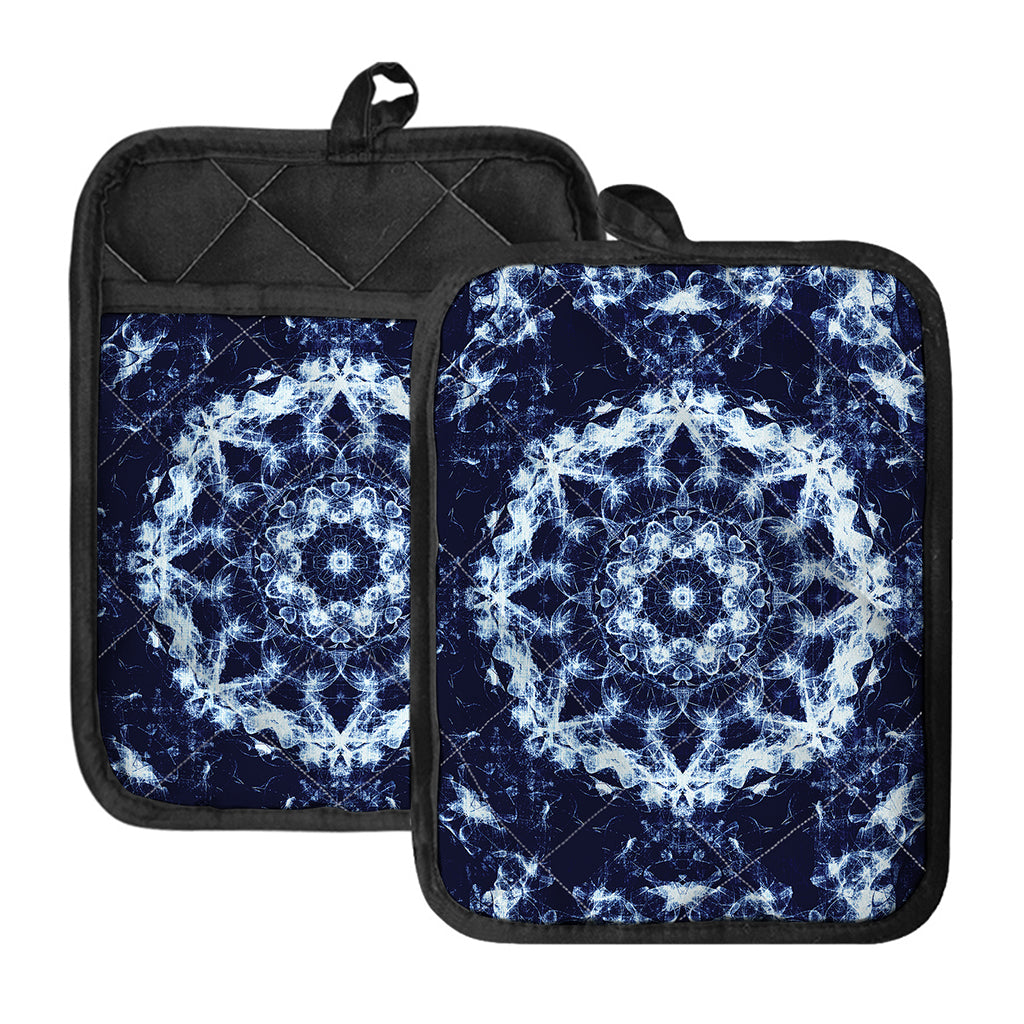 Blue Winter Mandala Print Pot Holders With Pocket