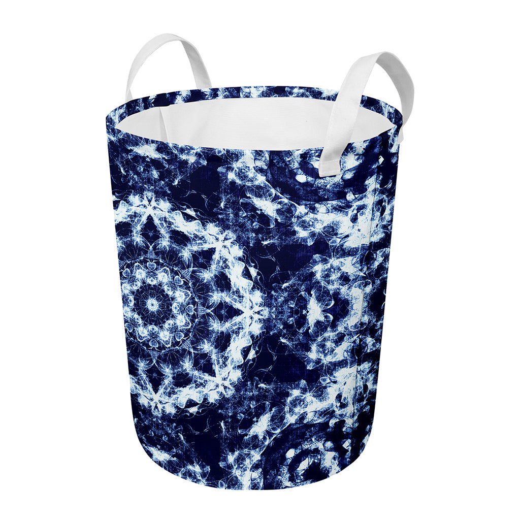 Blue Winter Mandala Print Round Laundry Basket