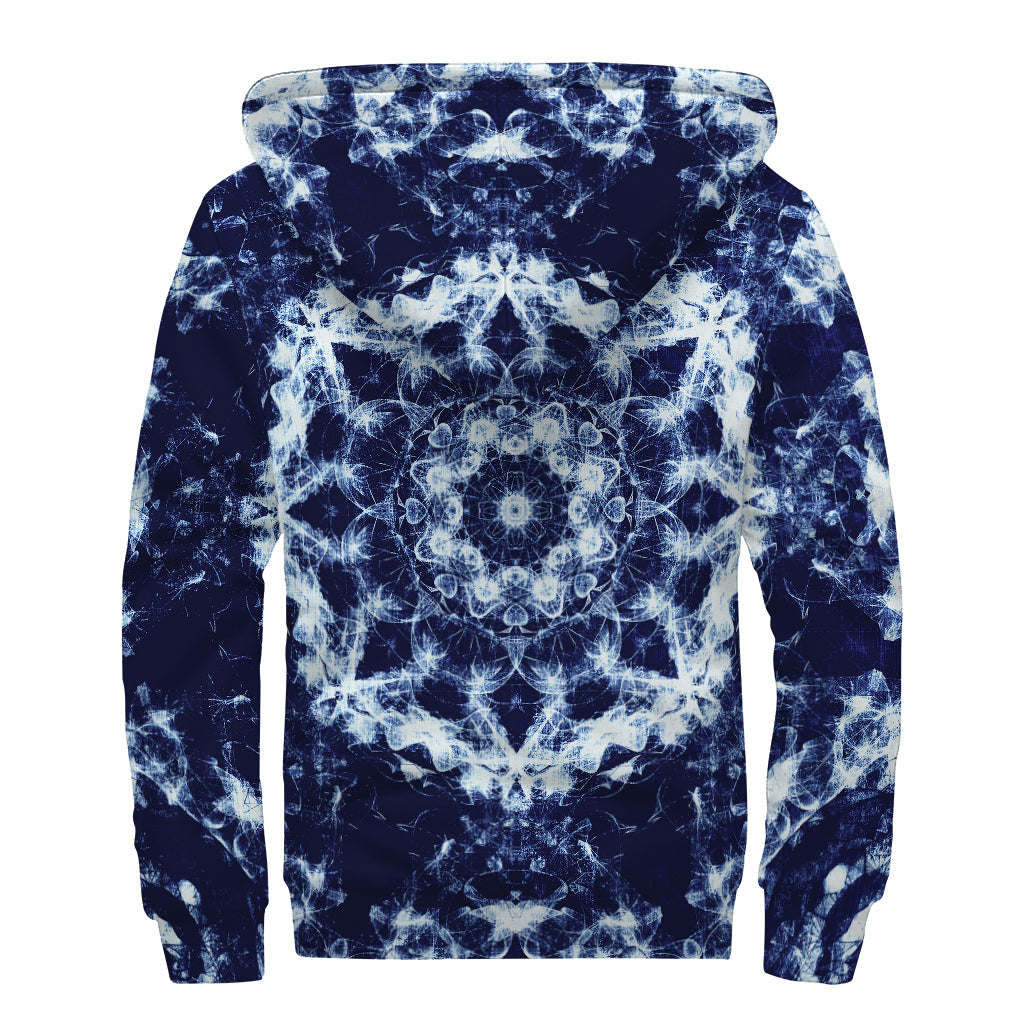 Blue Winter Mandala Print Sherpa Lined Zip Up Hoodie