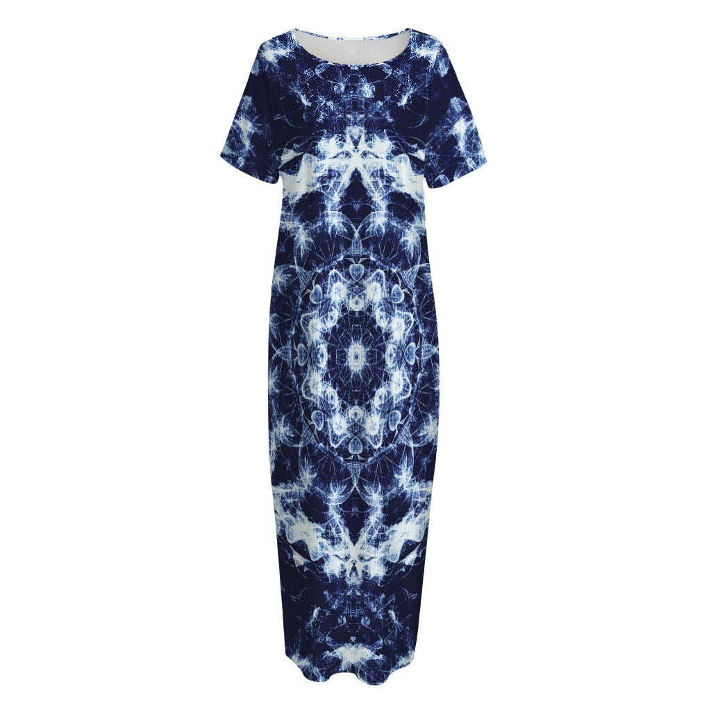 Blue Winter Mandala Print Short Sleeve Long Nightdress
