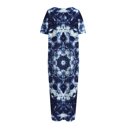 Blue Winter Mandala Print Short Sleeve Long Nightdress