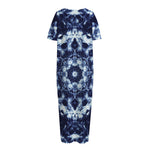 Blue Winter Mandala Print Short Sleeve Long Nightdress