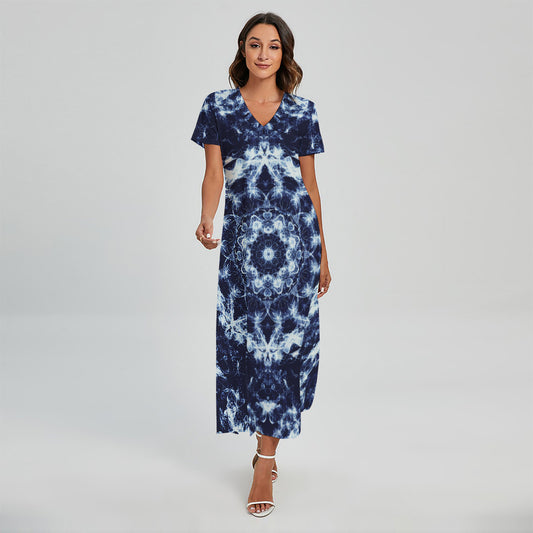 Blue Winter Mandala Print Short Sleeve Maxi Dress