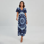 Blue Winter Mandala Print Short Sleeve Maxi Dress
