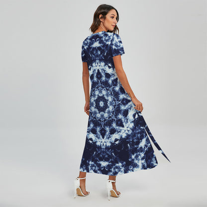 Blue Winter Mandala Print Short Sleeve Maxi Dress