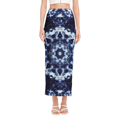 Blue Winter Mandala Print Side Slit Maxi Skirt