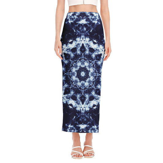 Blue Winter Mandala Print Side Slit Maxi Skirt