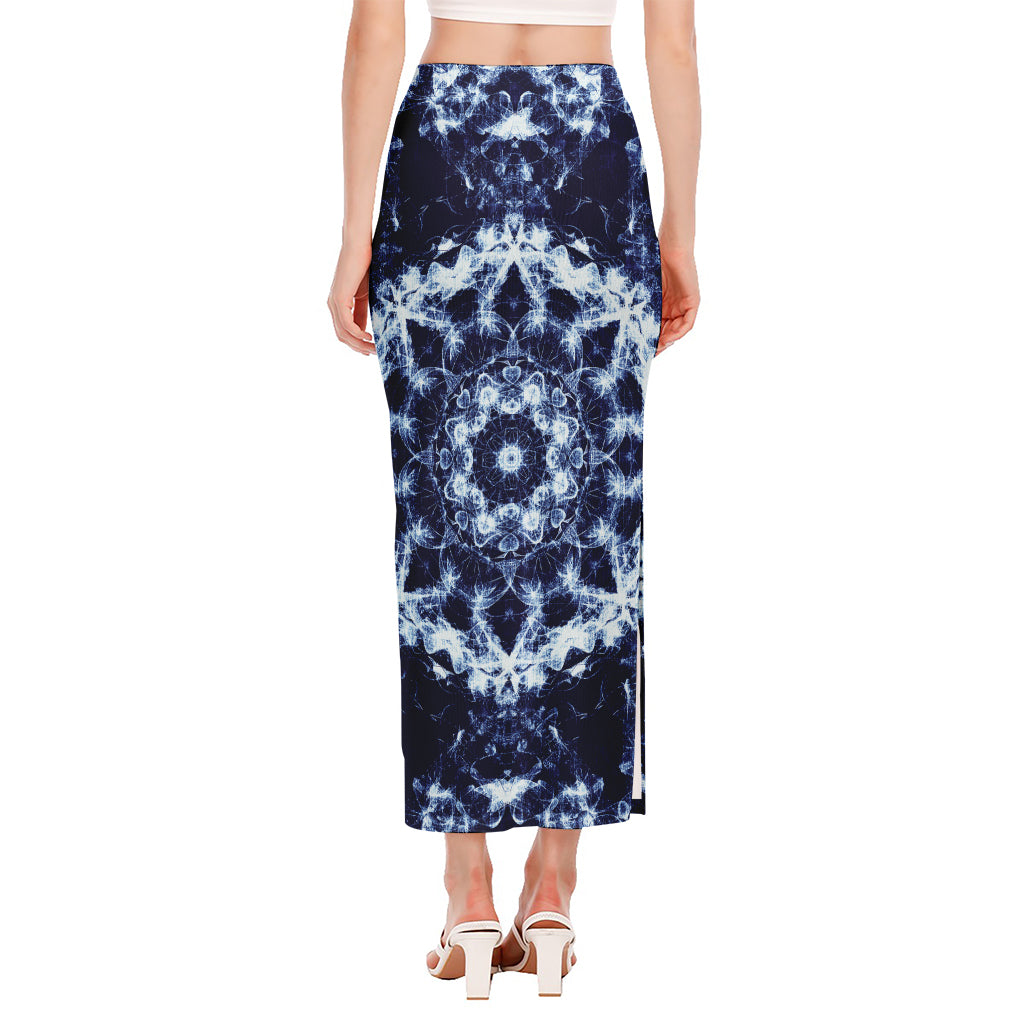Blue Winter Mandala Print Side Slit Maxi Skirt
