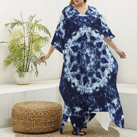 Blue Winter Mandala Print Silk V-Neck Kaftan Dress