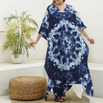 Blue Winter Mandala Print Silk V-Neck Kaftan Dress