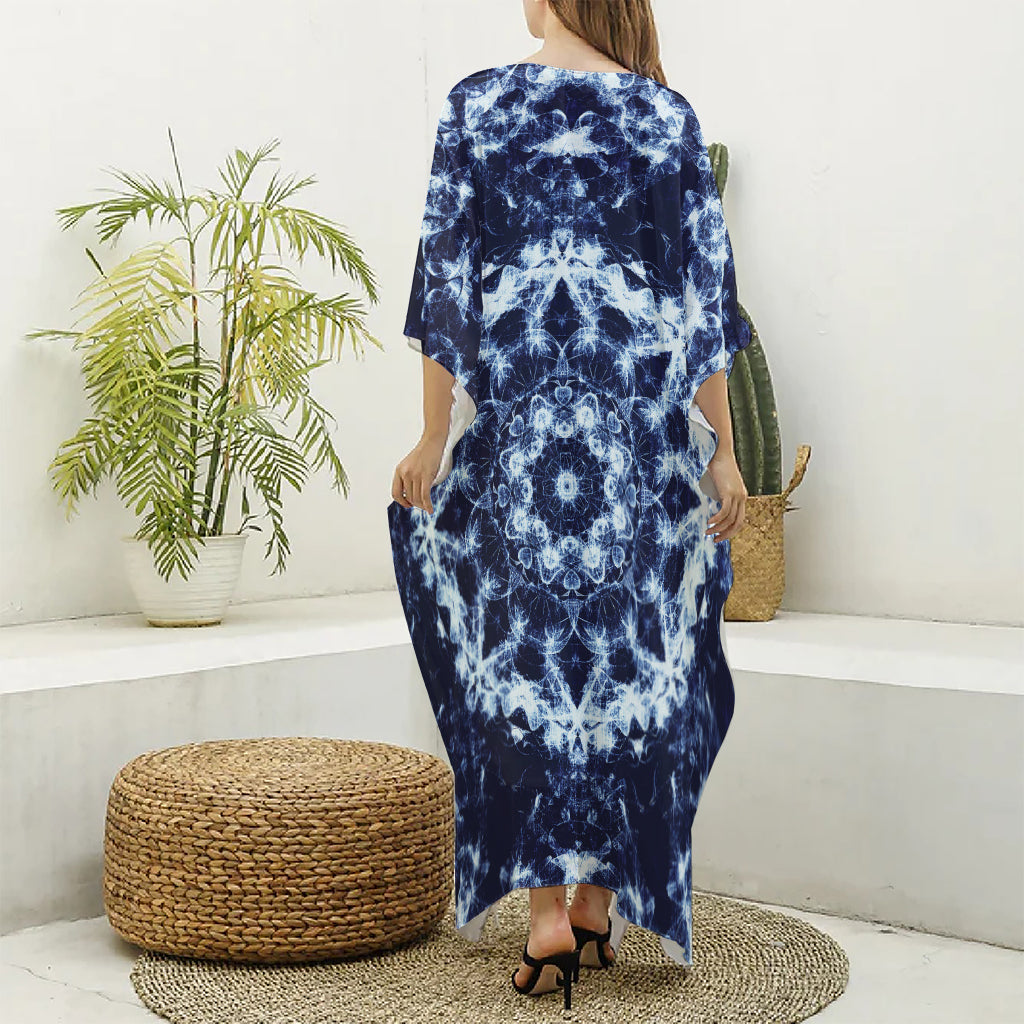 Blue Winter Mandala Print Silk V-Neck Kaftan Dress