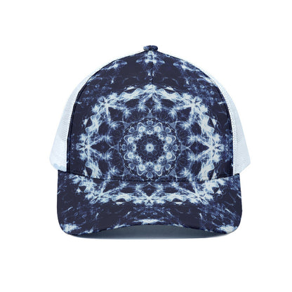 Blue Winter Mandala Print White Mesh Trucker Cap