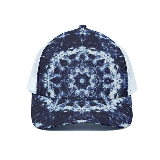 Blue Winter Mandala Print White Mesh Trucker Cap