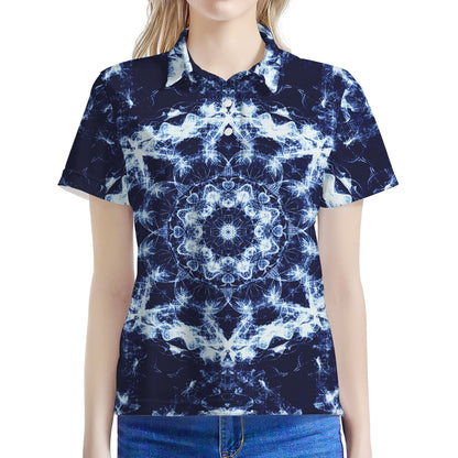 Blue Winter Mandala Print Women's Polo Shirt