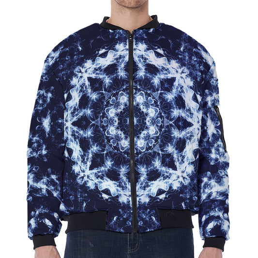 Blue Winter Mandala Print Zip Sleeve Bomber Jacket