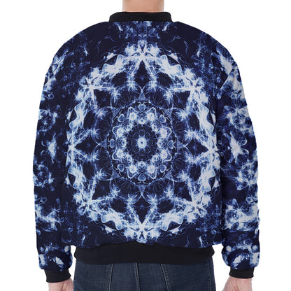 Blue Winter Mandala Print Zip Sleeve Bomber Jacket