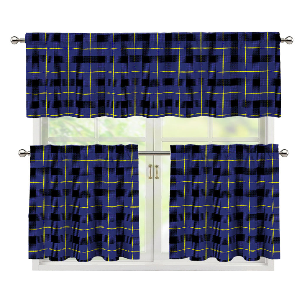 Blue Yellow And Black Plaid Print 3 Piece Kitchen Curtains