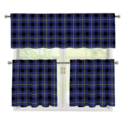 Blue Yellow And Black Plaid Print 3 Piece Kitchen Curtains