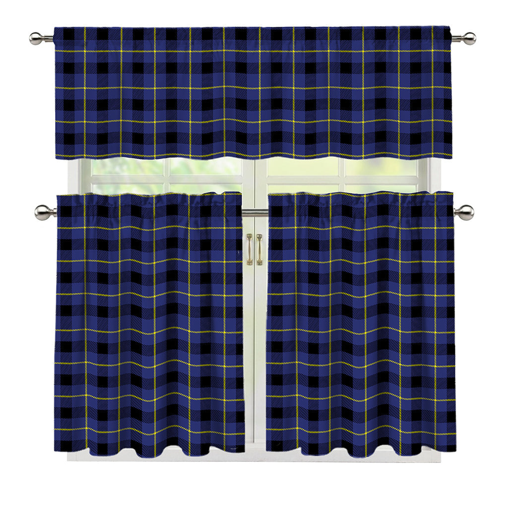 Blue Yellow And Black Plaid Print 3 Piece Kitchen Curtains