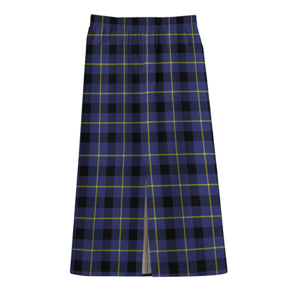 Blue Yellow And Black Plaid Print Cotton Front Slit Maxi Skirt