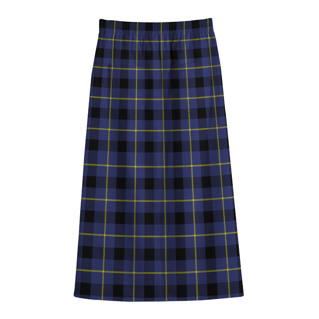 Blue Yellow And Black Plaid Print Cotton Front Slit Maxi Skirt