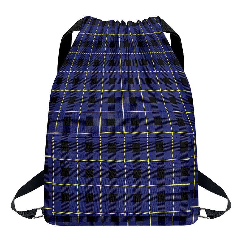 Blue Yellow And Black Plaid Print Drawstring Backpack