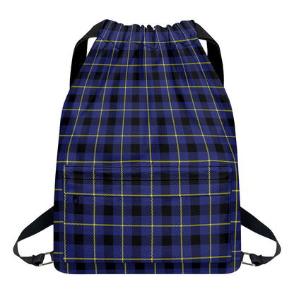 Blue Yellow And Black Plaid Print Drawstring Backpack