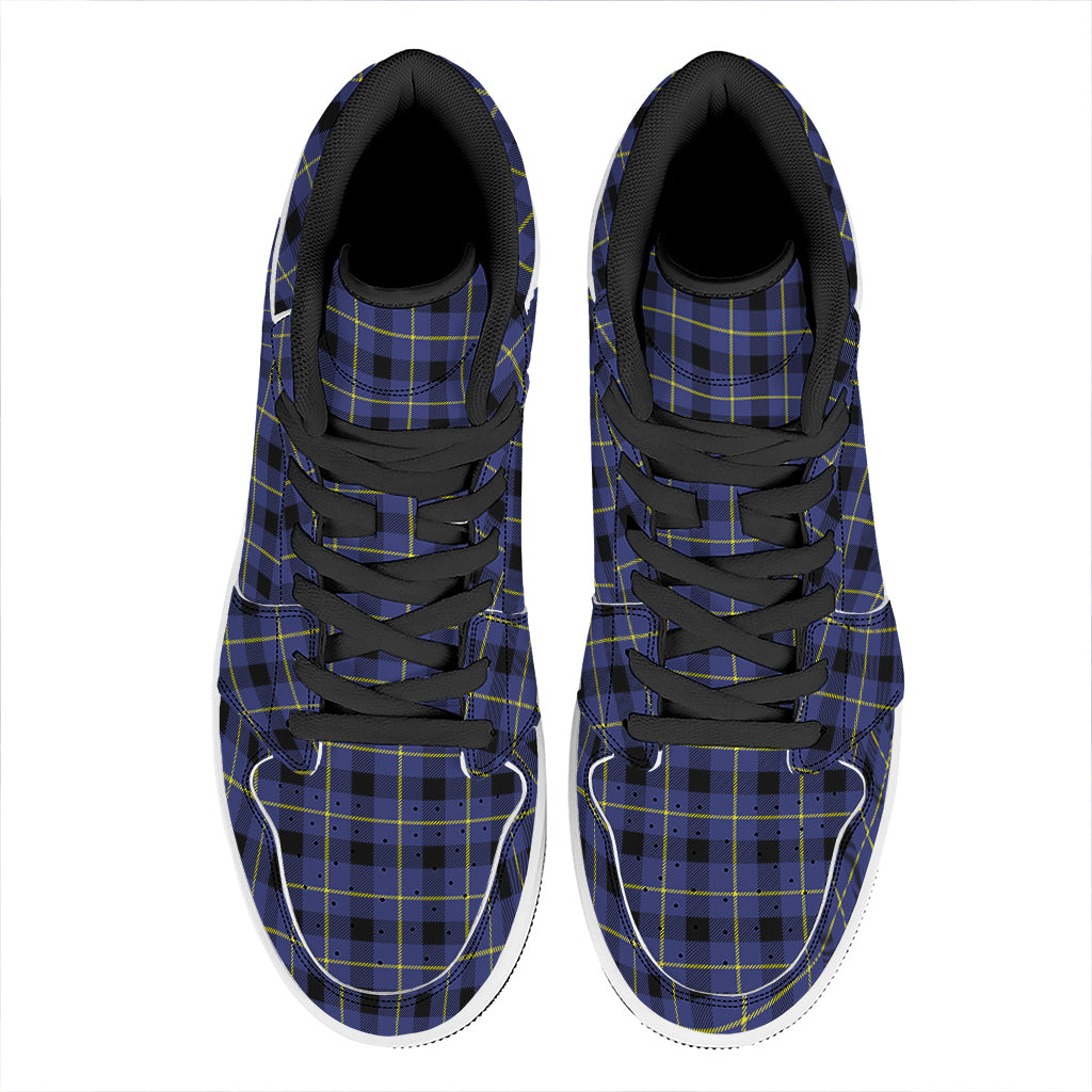 Blue Yellow And Black Plaid Print High Top Leather Sneakers