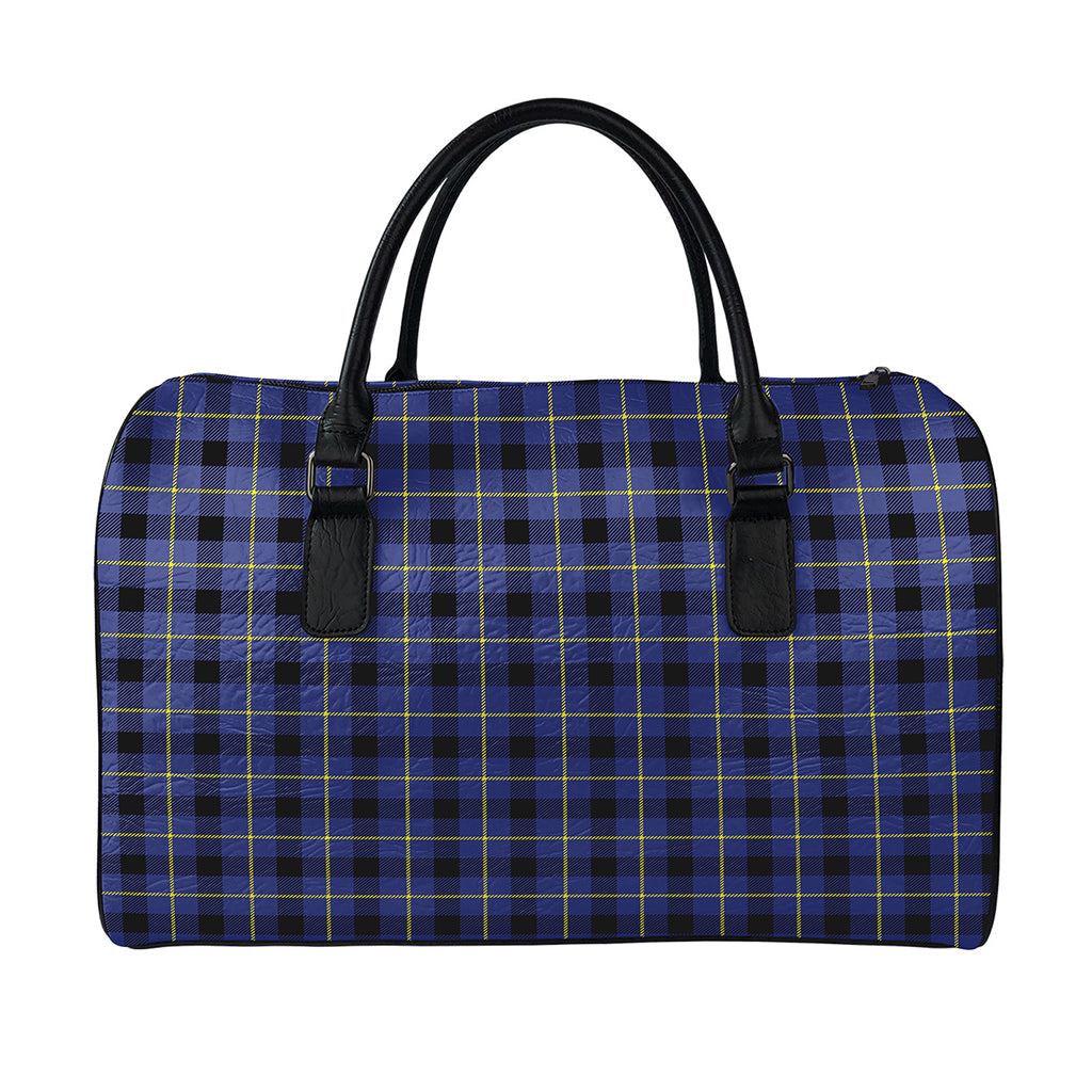 Blue Yellow And Black Plaid Print Leather Duffle Bag