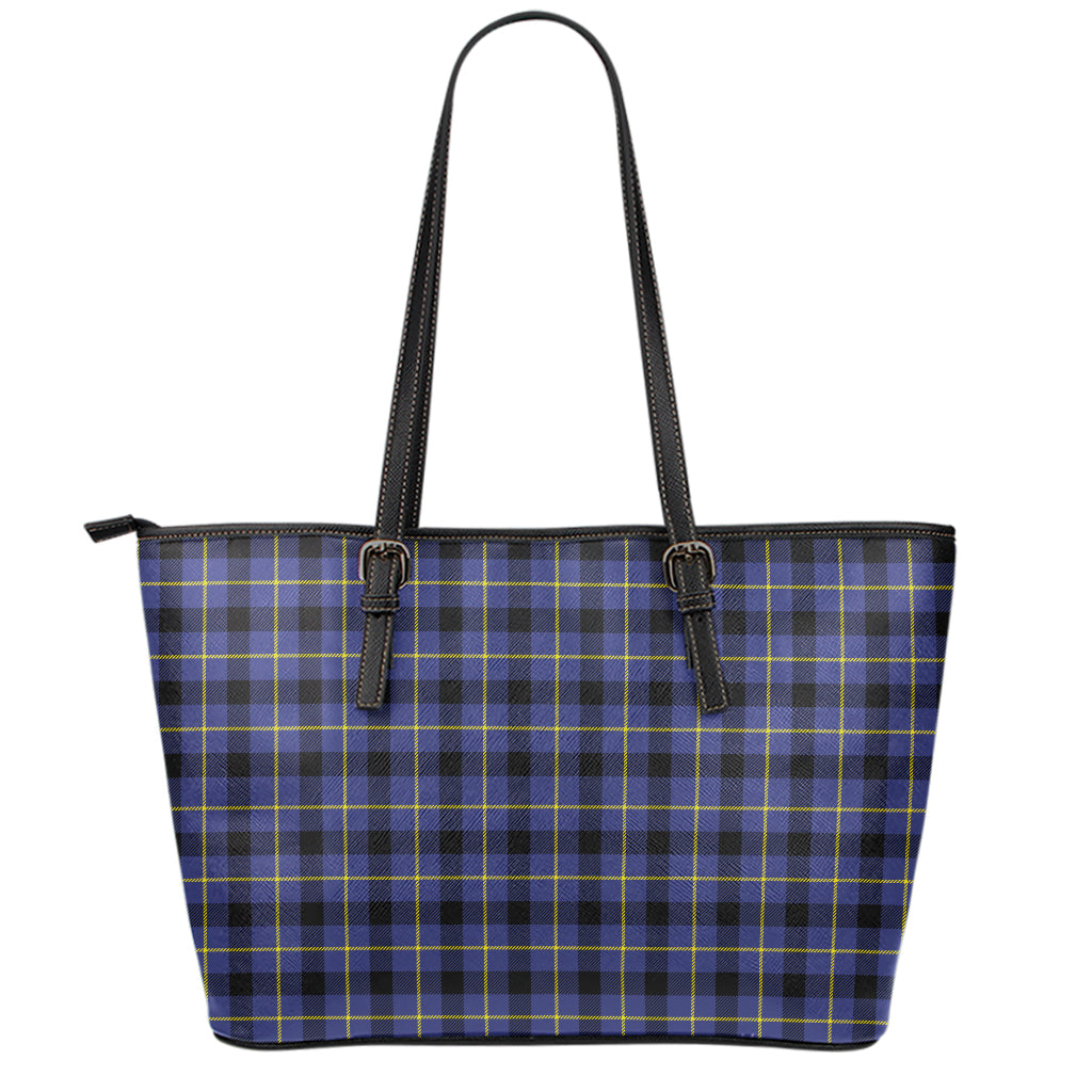 Blue Yellow And Black Plaid Print Leather Tote Bag